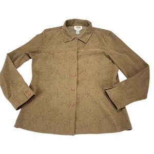 Talbots Stretch Faux Suede Shirt Womens Medium Brown Lazer Cut Long Sleeve